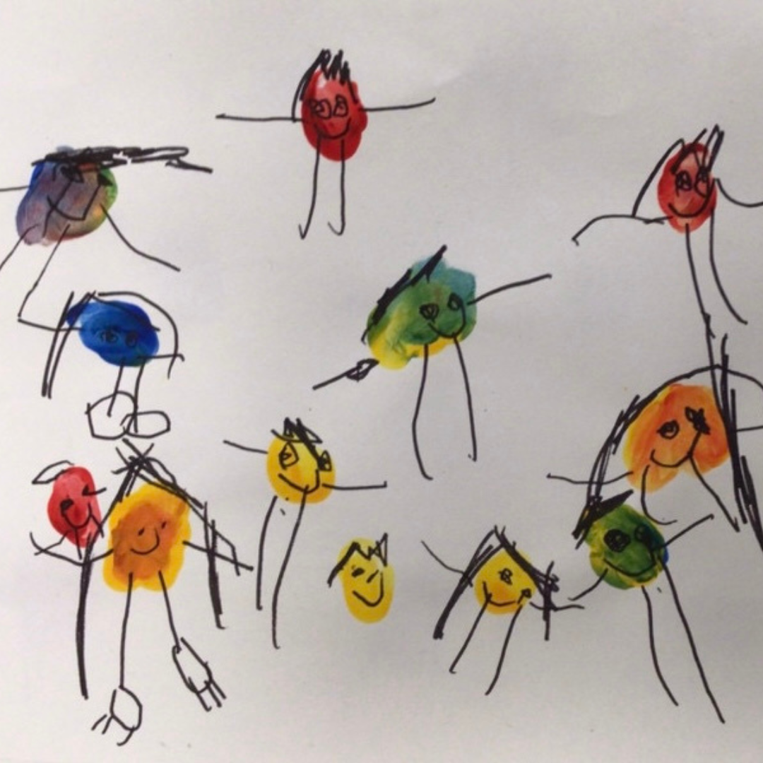 pictures made from black pen on top of colourful paint spots, drawn by nursery children