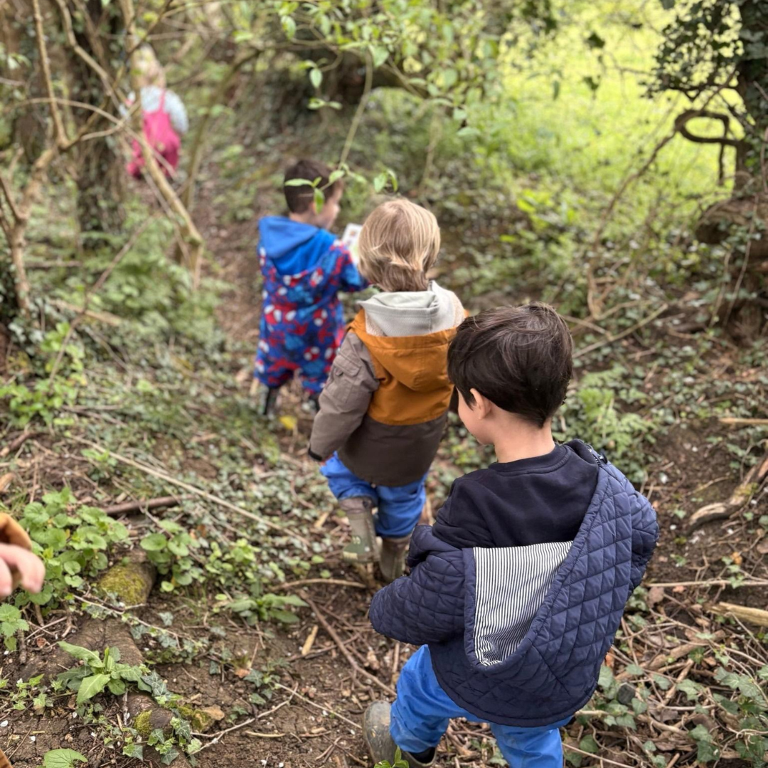 nursery children walking through the school woodland